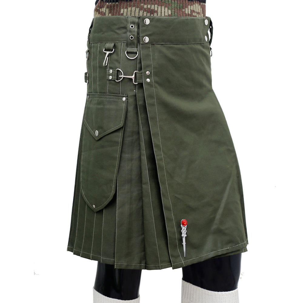 Olive Green Working Kilt with Round Pocket Right