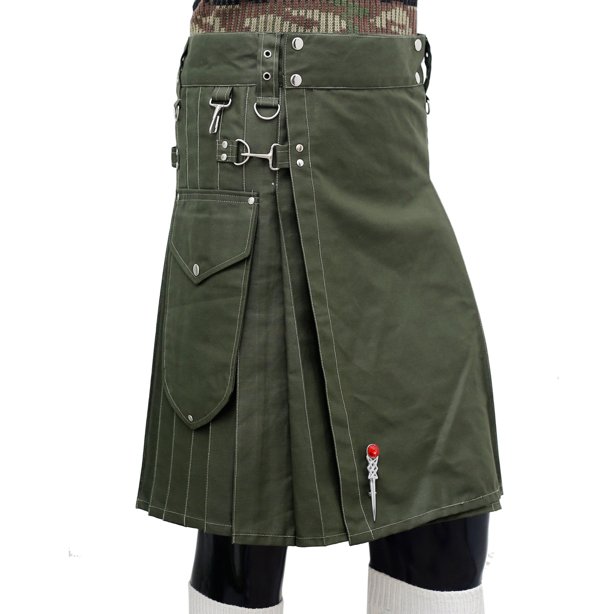 Olive Green Working Kilt with Round Pocket Right