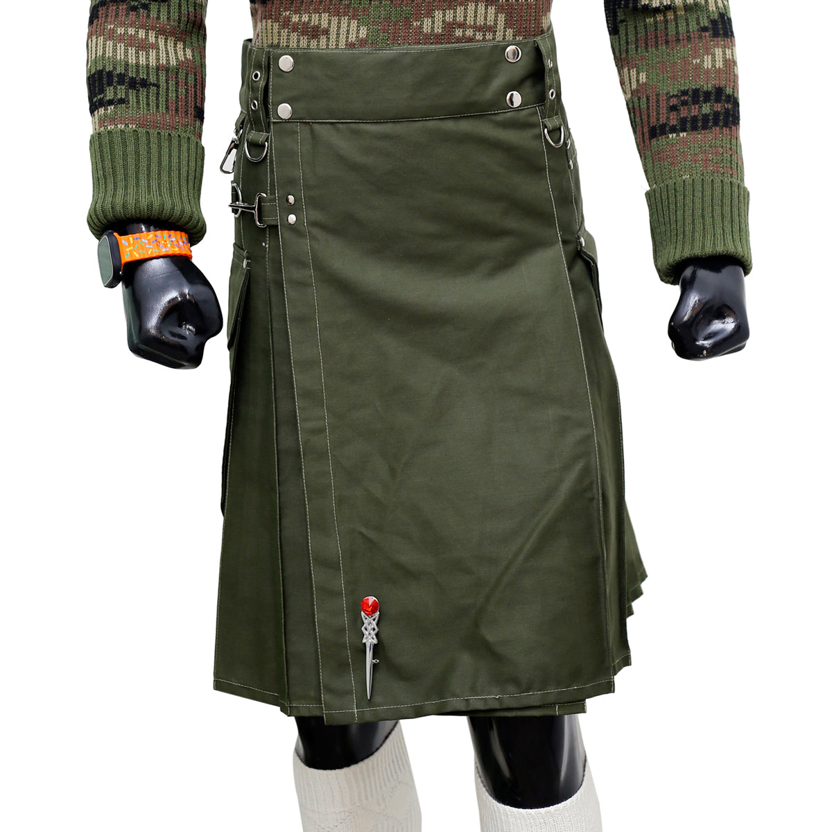 Olive Green Working Kilt with Round Pocket
