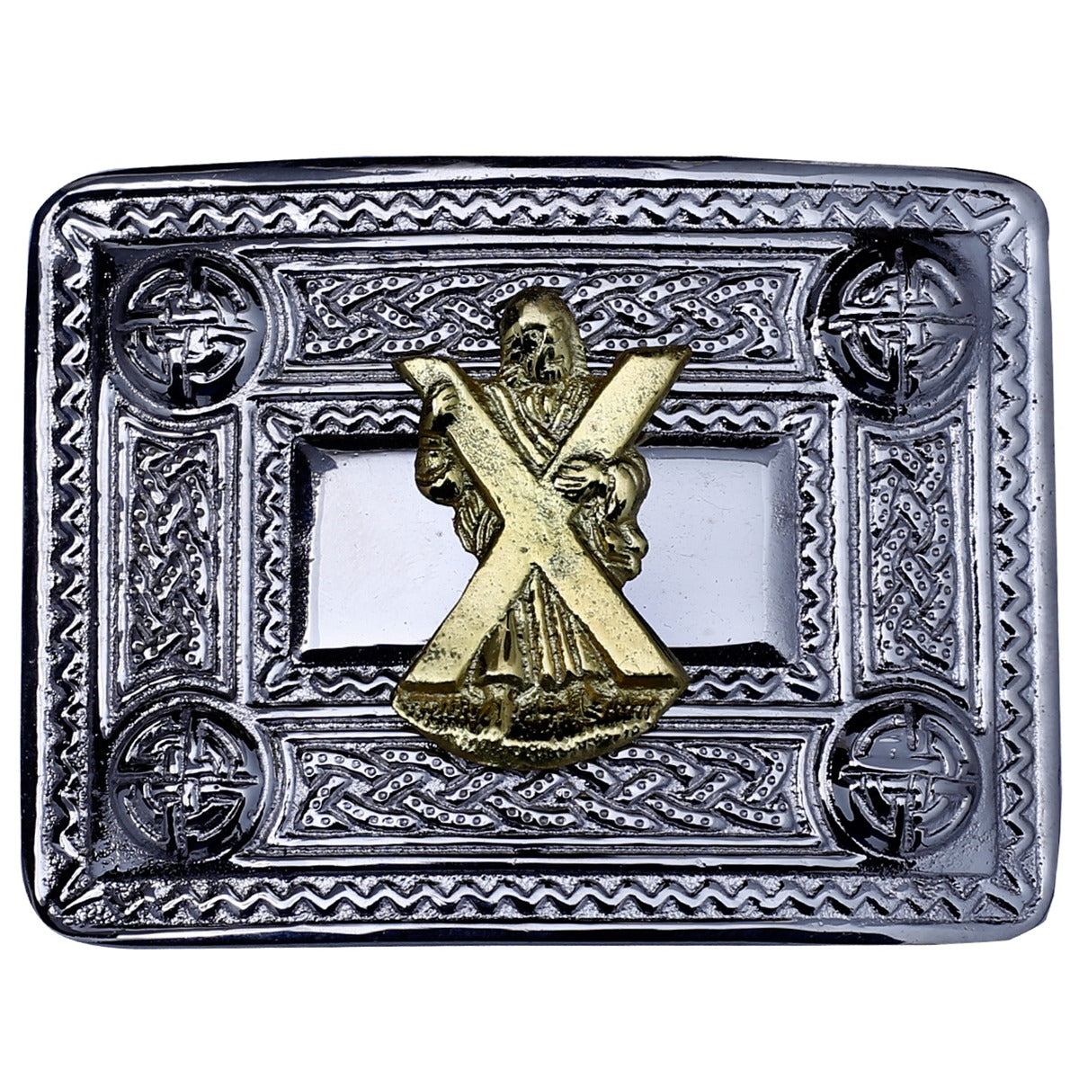 Saint Andrew Kilt Belt Buckle Chrome with Golden Badge