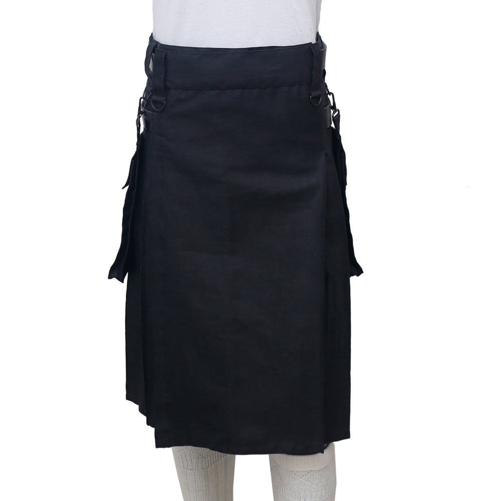 Scottish Black Utility Kilt with Leather Straps Front