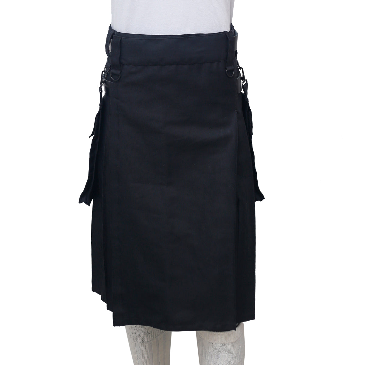 Scottish Black Utility Kilt with Leather Straps Front