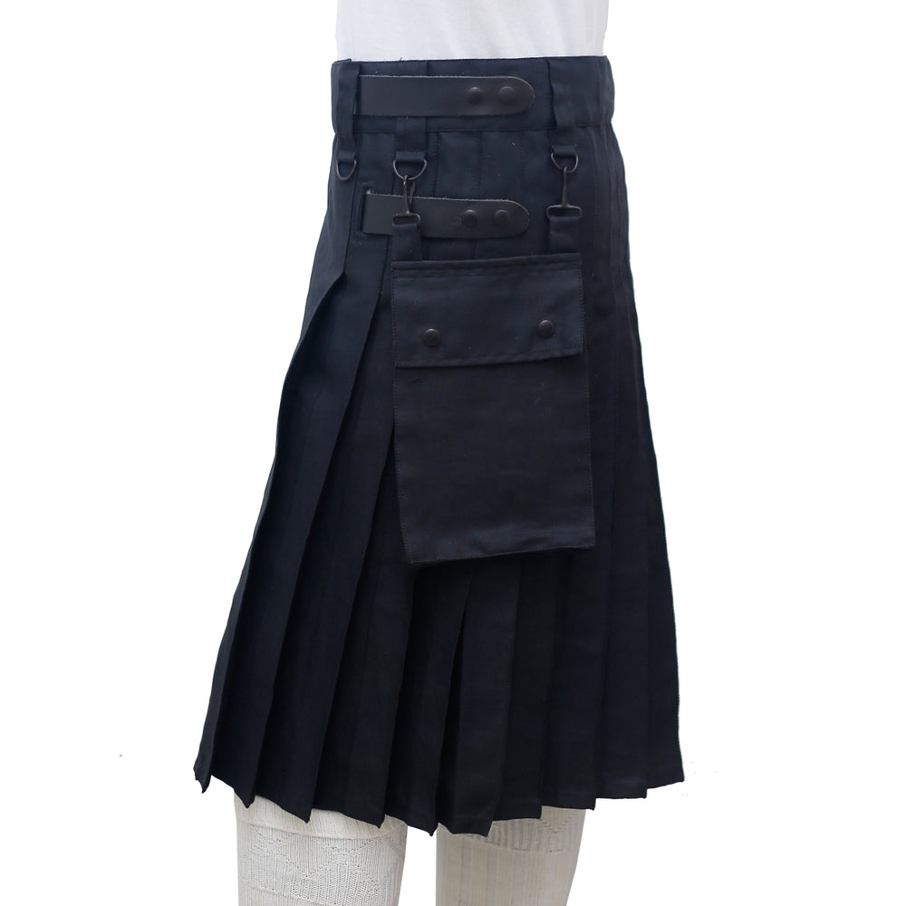 Scottish Black Utility Kilt with Leather Straps Left
