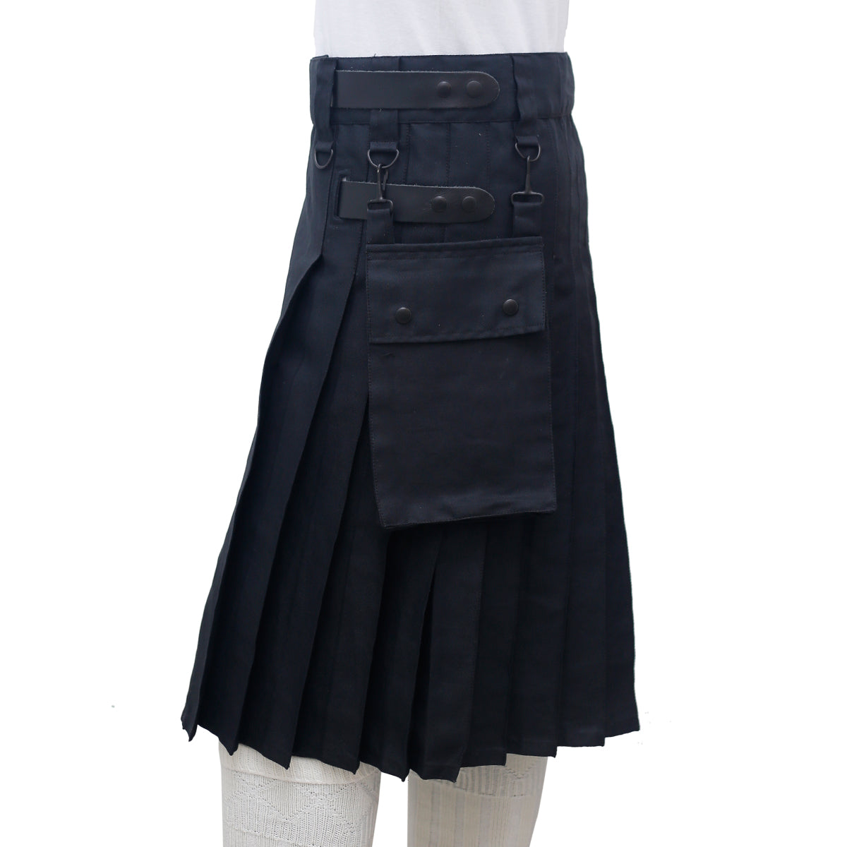 Scottish Black Utility Kilt with Leather Straps Left
