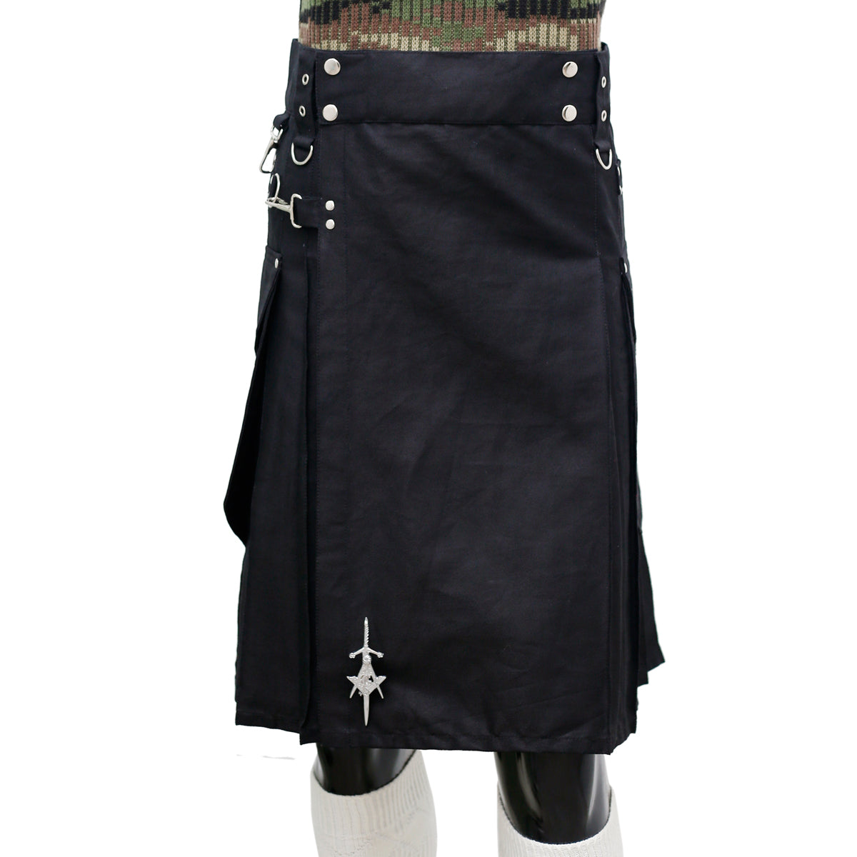 Scottish Black Working Kilt with Round Pocket Front