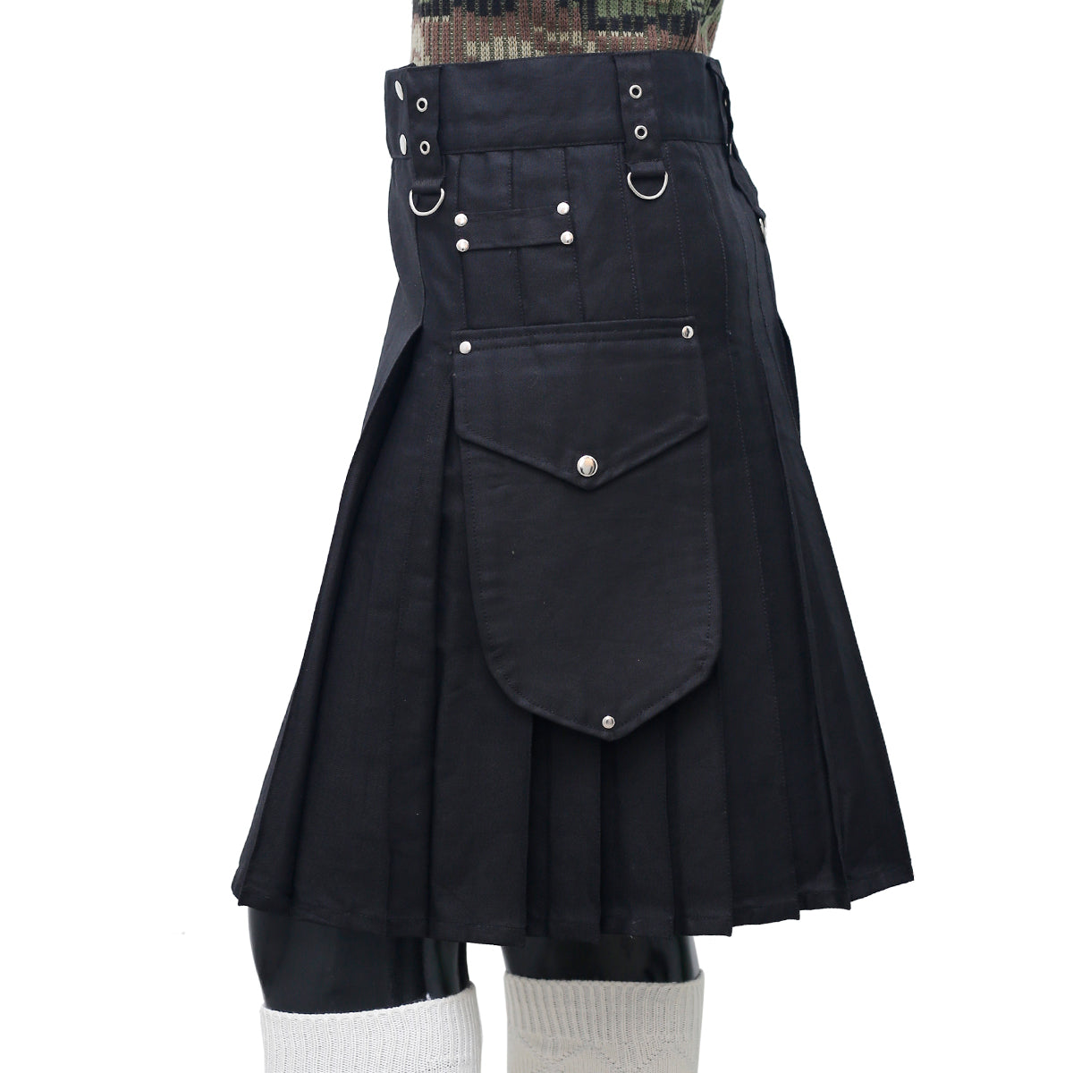 Scottish Black Working Kilt with Round Pocket Left