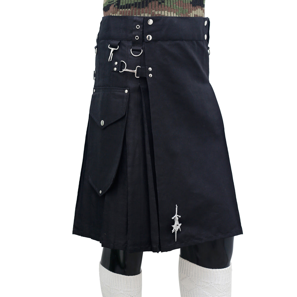 Scottish Black Working Kilt with Round Pocket Right