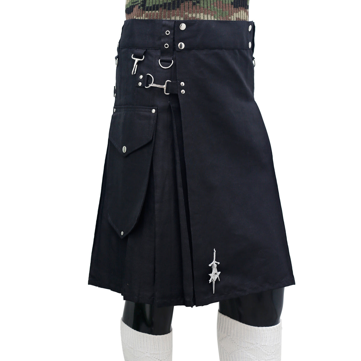 Scottish Black Working Kilt with Round Pocket Right