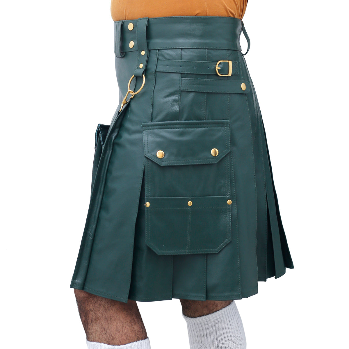 Scottish Green Real Leather Kilt Left