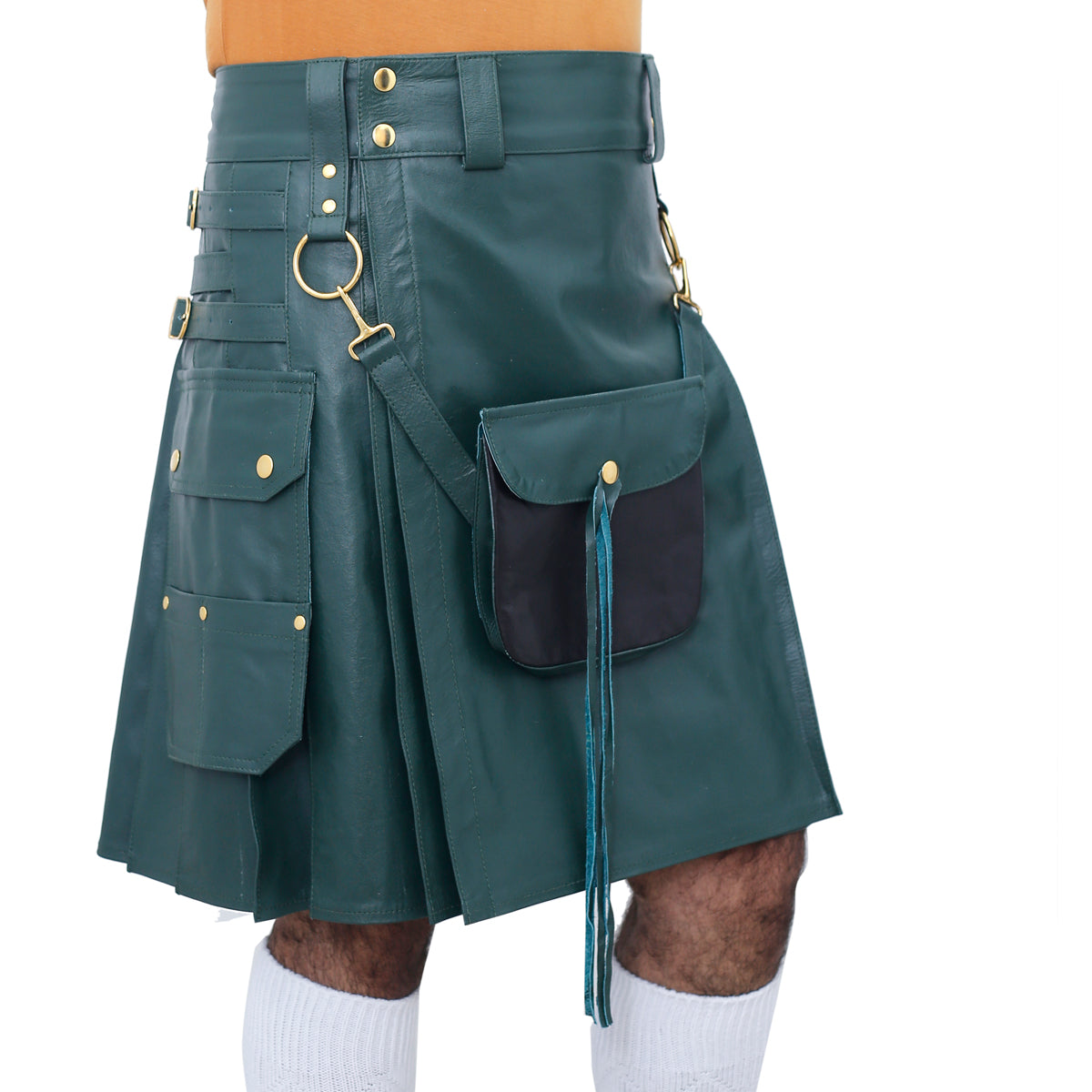 Scottish Green Real Leather Kilt Right