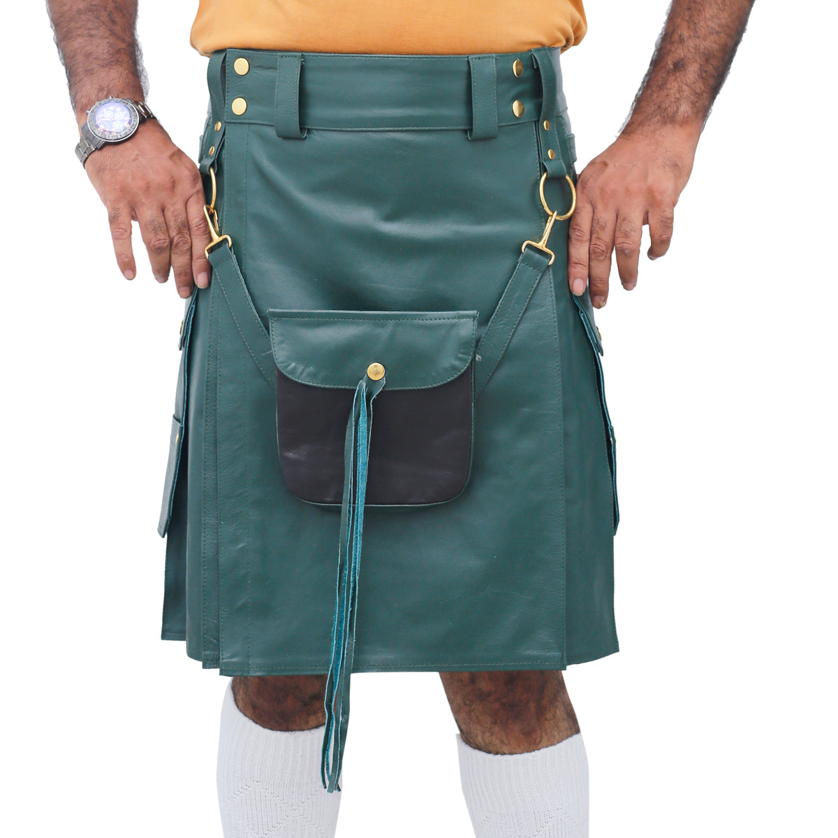 Scottish Green Real Leather Kilt