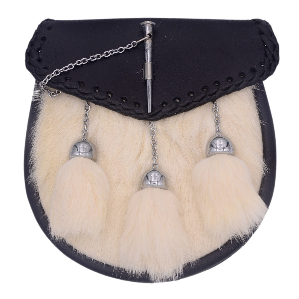 Scottish White Rabbit Fur Leather  Chrome Pin Lock Sporran