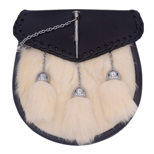 Scottish White Rabbit Fur Leather  Chrome Pin Lock Sporran