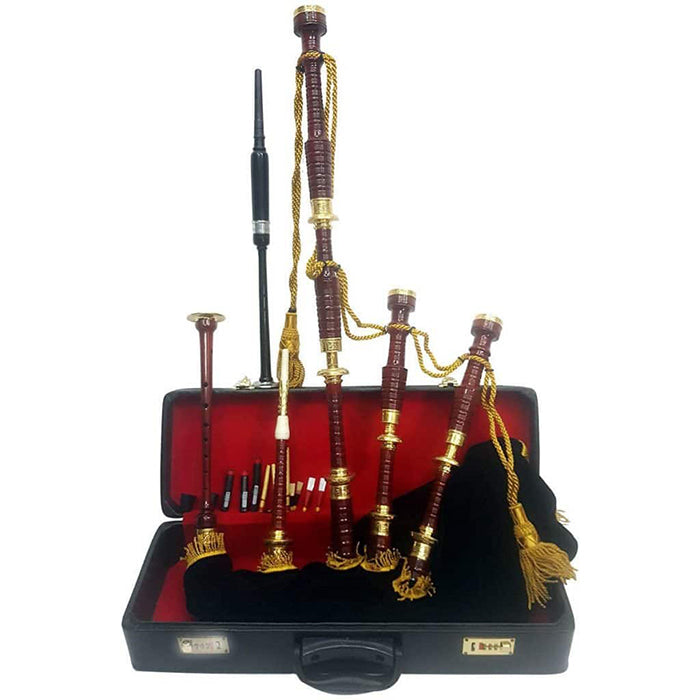New Handmade Scottish Highland Great Bagpipes Gold Engraved brass Amounts Rosewood Bagpipe Black Color In Different Tartans with Hard case

