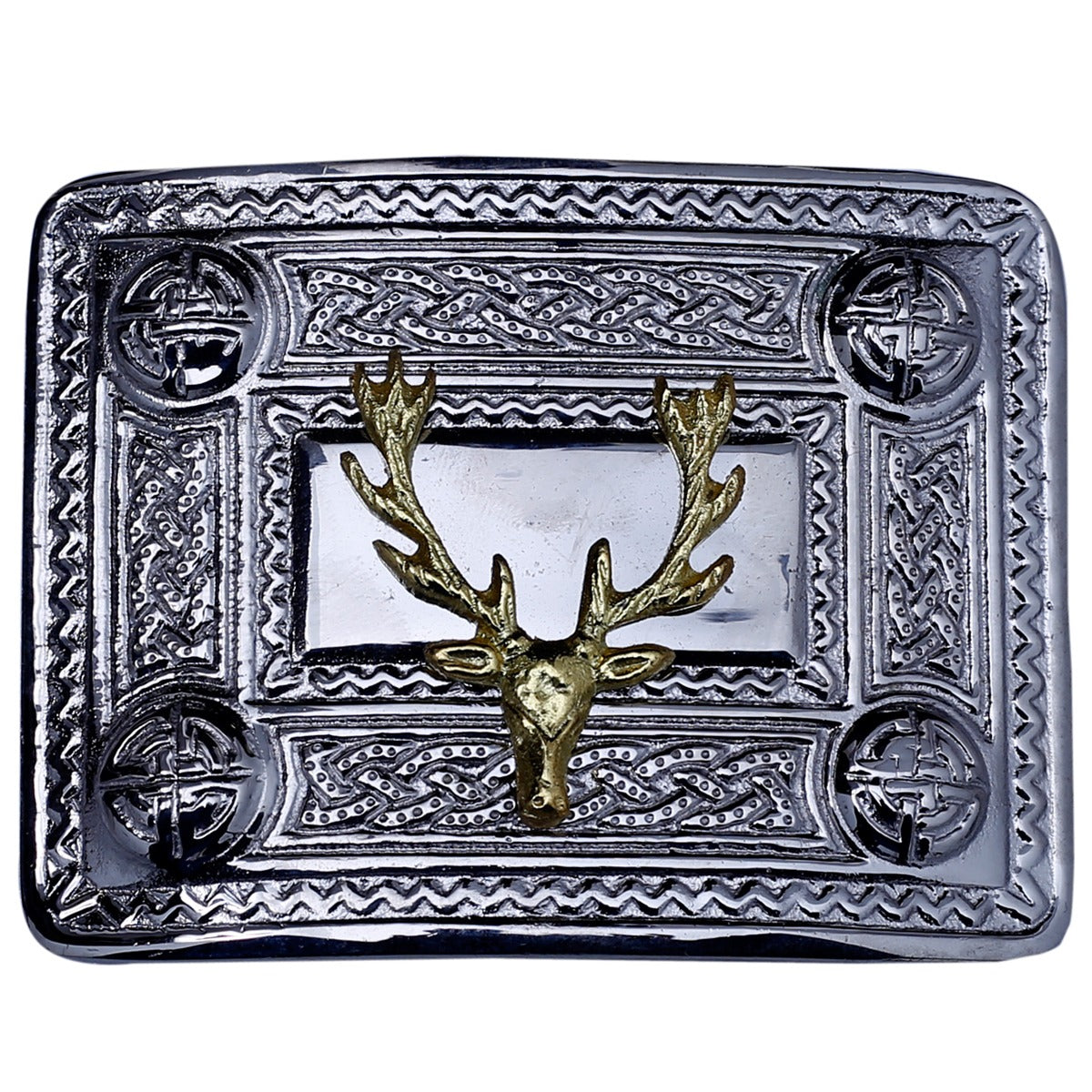 Stage Head Kilt Belt Buckle Chrome with Golden Badge