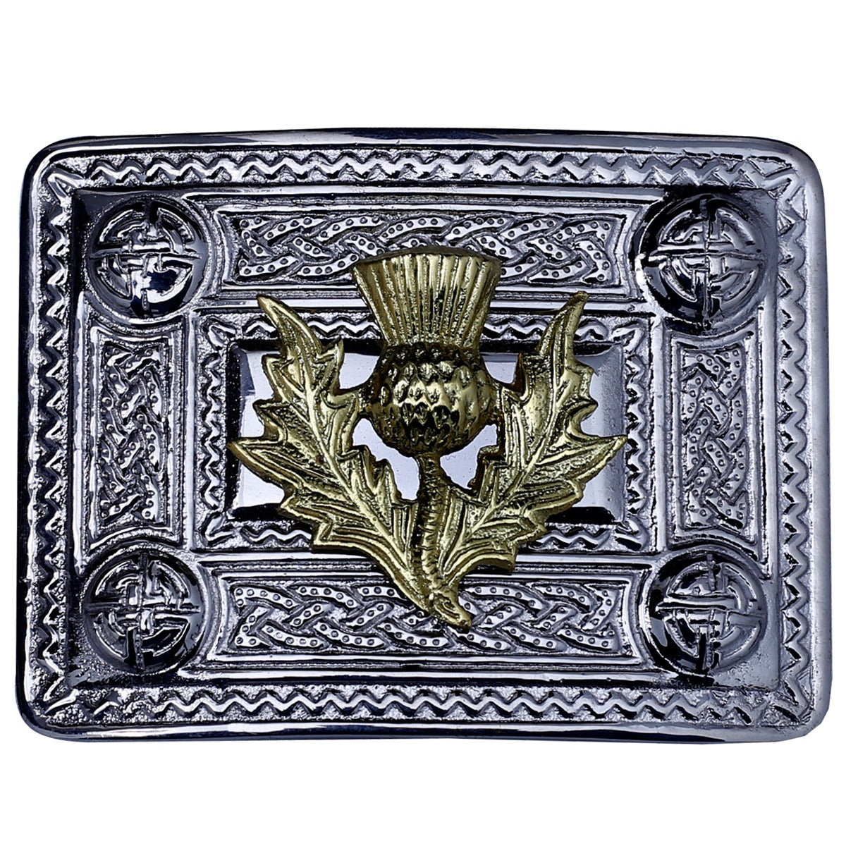 Thistle Kilt Belt Buckle Chrome with Golden Badge
