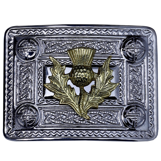 Thistle Kilt Belt Buckle Chrome with Golden Badge