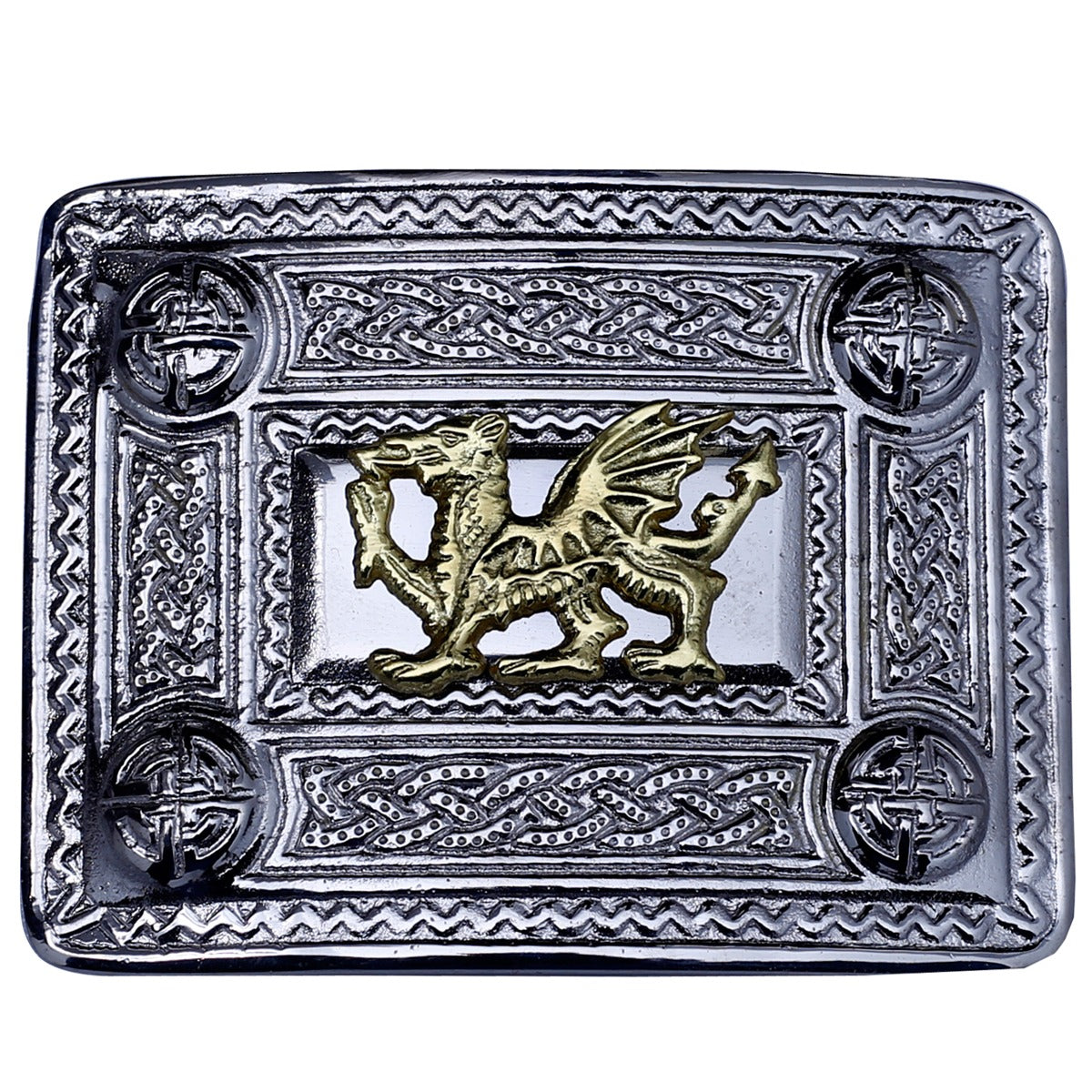 Welsh Dragon Kilt Belt Buckle Chrome with Golden Badge