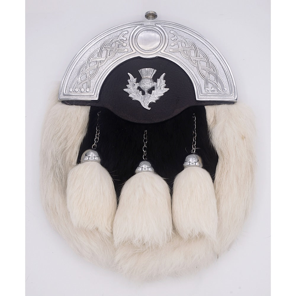 White and Black Rabbit Fur  Sporran with Silver Cantle