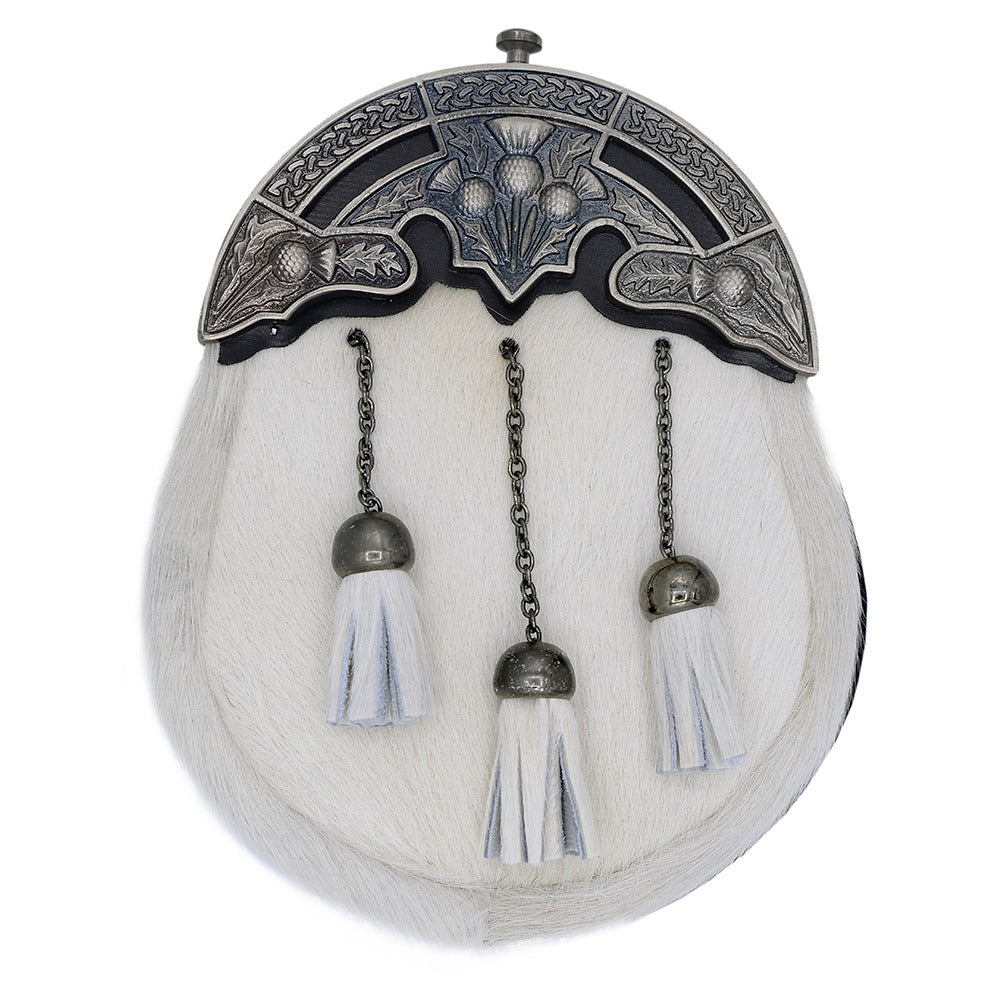 White Seal Skin Sporran with  Celtic Knot Cantle