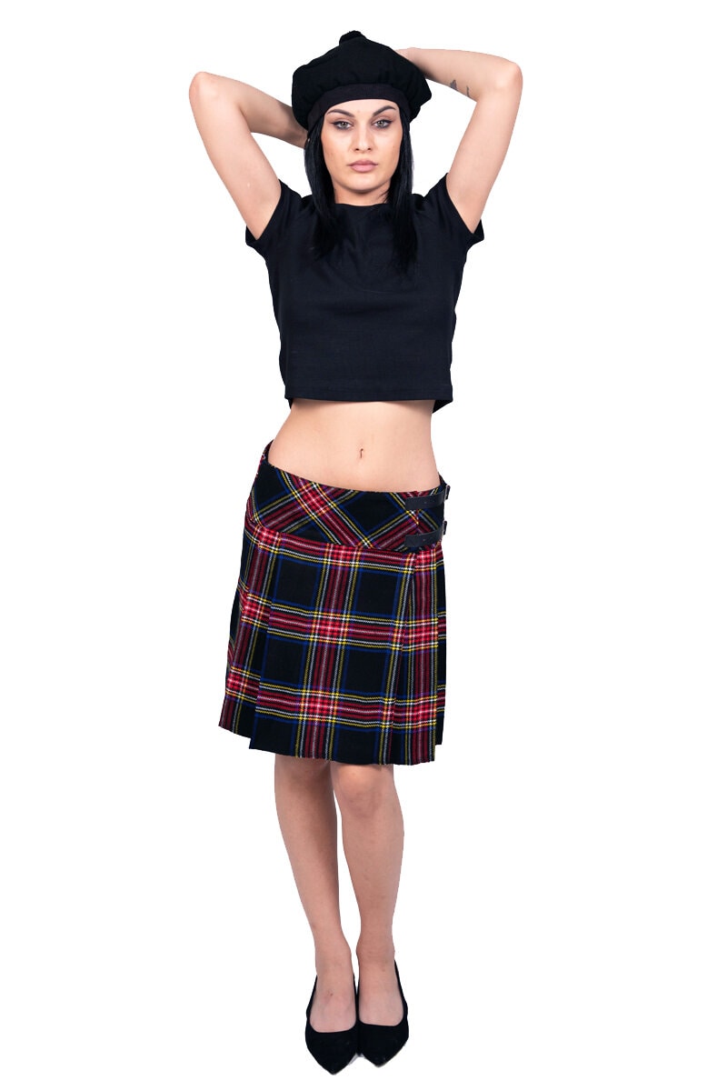 Women Black Stewart Tartan Skirt Front