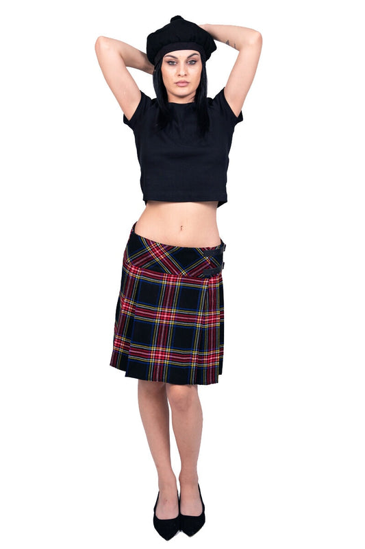 Women Black Stewart Tartan Skirt Front