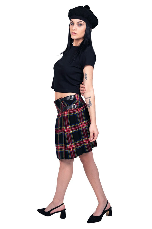 Women Black Stewart Tartan Skirt Left